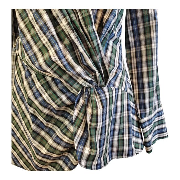 ZARA SZ L Blue & Green Plaid Cross-over 100% Cotton Twist Front Shirt Tunic Top - Picture 8 of 11
